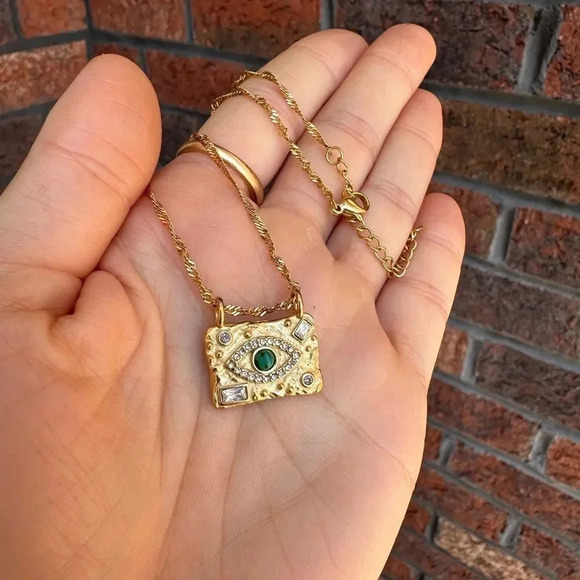 Malachite 18KGold Plated Stainless Steel Waterproof Protect Eyes Necklace - Picture 9 of 10